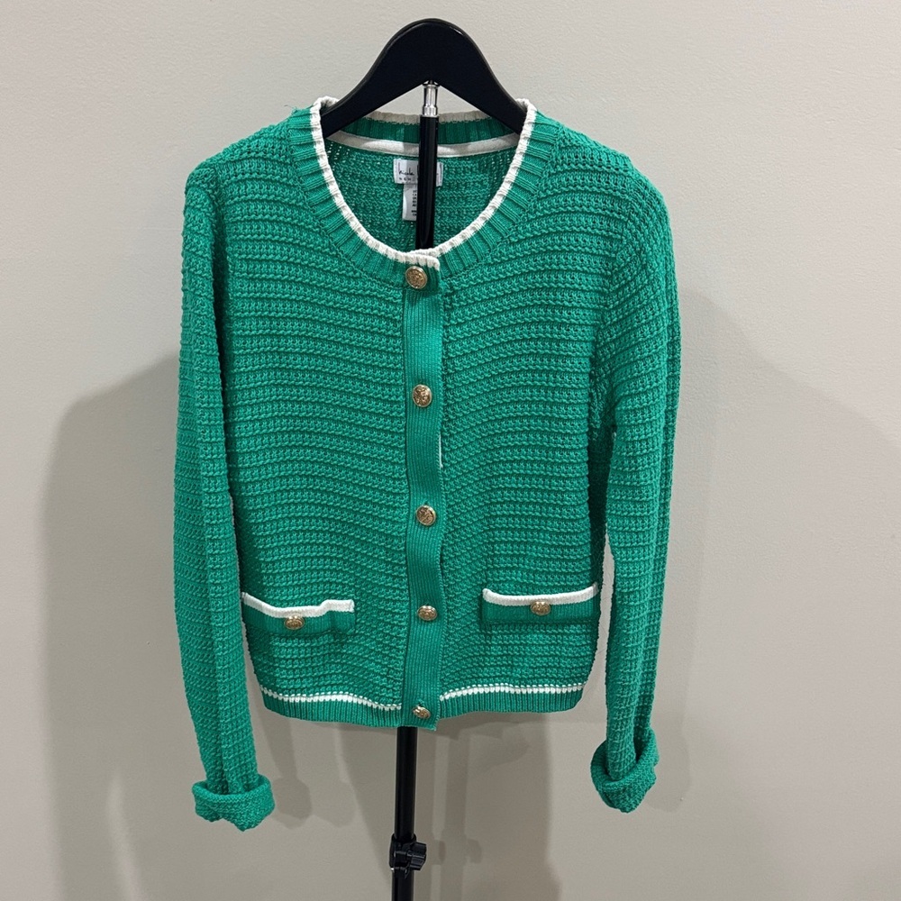 Nicole Miller Green Knit Button-Front Women's Sweater with White Trim